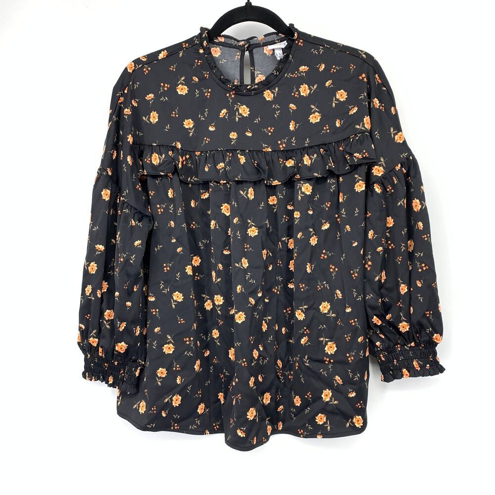 The Get Blouse Womens Sz S Black Floral Ruffle Yoke Long Sleeve Boho Peasant Top
